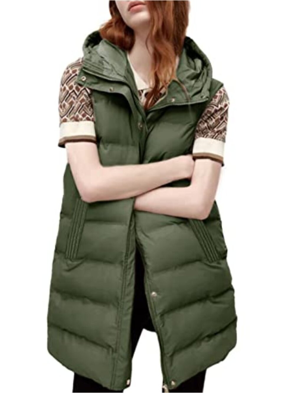 Long Puffer Vest Sleeveless Quilted Jacket Removable Hood Winter